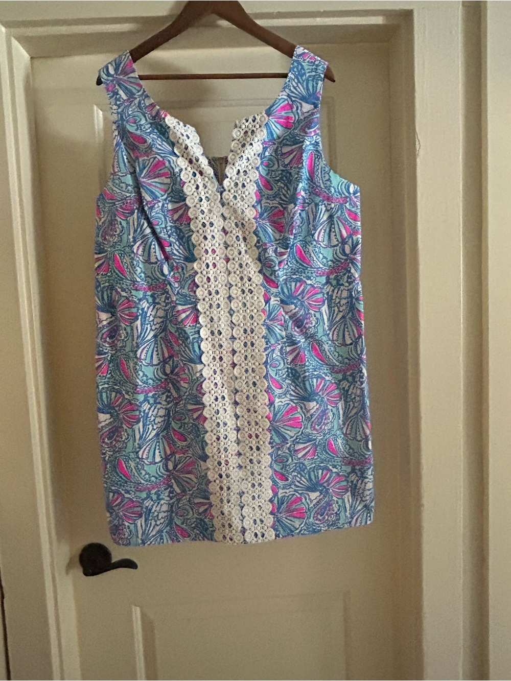 Lilly Pulitzer Blue Pink Shell-Print Mini Dress with White Lace Trim